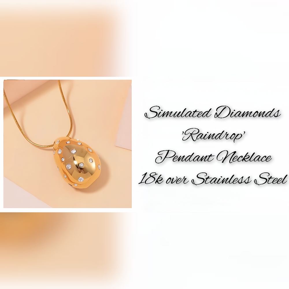 Unique simulated Diamonds 'Raindrop' necklaces,18k overlay, RG or Stainless Stee